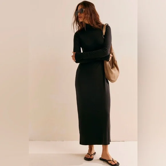 black mock neck midi dress Black Mock Neck Satin Midi Dress main image 1